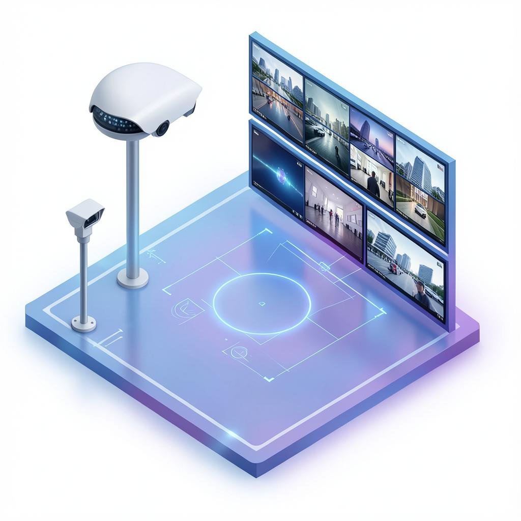 CCTV cameras and a video surveillance monitoring wall